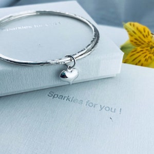 Sterling Silver Stacking Bangles Bracelet Set With Dangling Heart