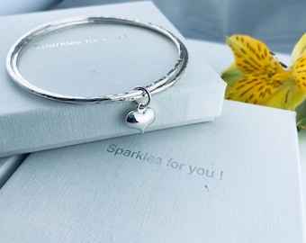 Sterling Silver Stacking Bangles Bracelet Set With Dangling Heart