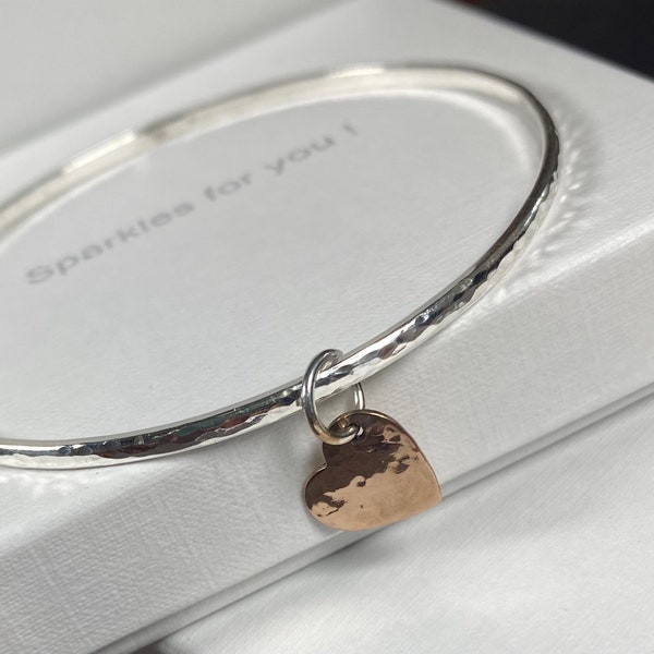 Sterling Silver Solid D Shaped Bangle With Rose Copper Dangling Heart