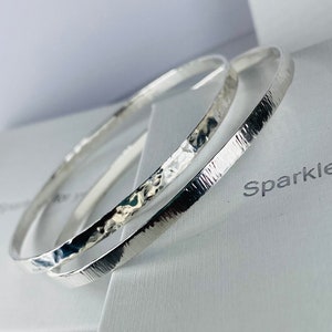 Sterling Silver Stacking Bangles x 2 Hammered & Textured Effect 3 mm wide each. 3 wrist sizes
