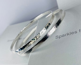 Sterling Silver Bangles X 2 Hammered & Textured Effect 3 Mm