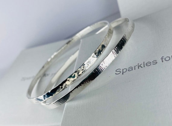 Sterling Silver Bangles X 2 Hammered & Textured Effect 3 Mm