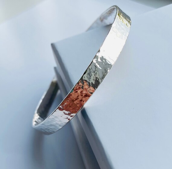 Sterling Silver Flat Bangle Bracelet Hammered Effect 10mm Wide, 3