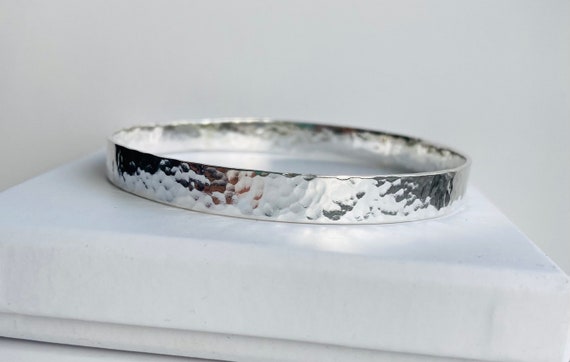 Sterling Silver Flat Bangle Bracelet Hammered Effect 10mm Wide, 3