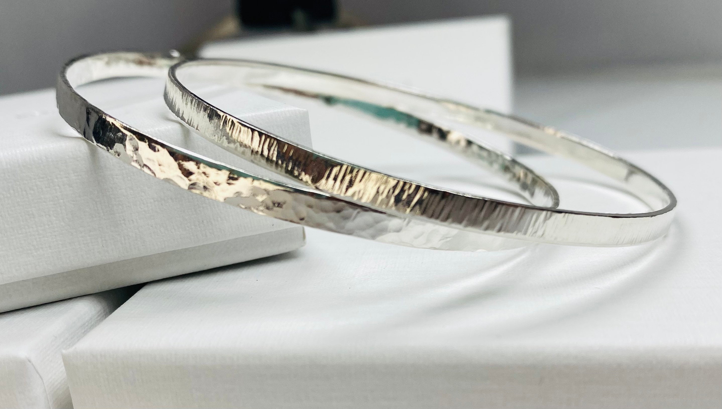 Sterling Silver Bangles X 2 Hammered & Textured Effect 3 Mm
