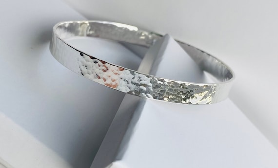 Sterling Silver Flat Bangle Bracelet Hammered Effect 10mm Wide, 3