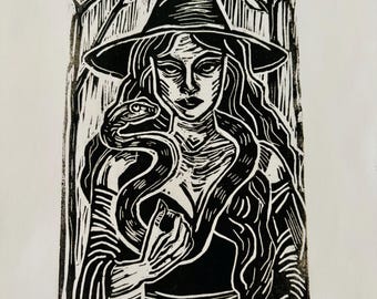 Isadora-heksen linosnede kunstafdrukken