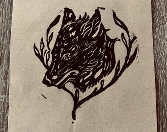 Wolfy-Linolschnitt Originalkunst-Druck