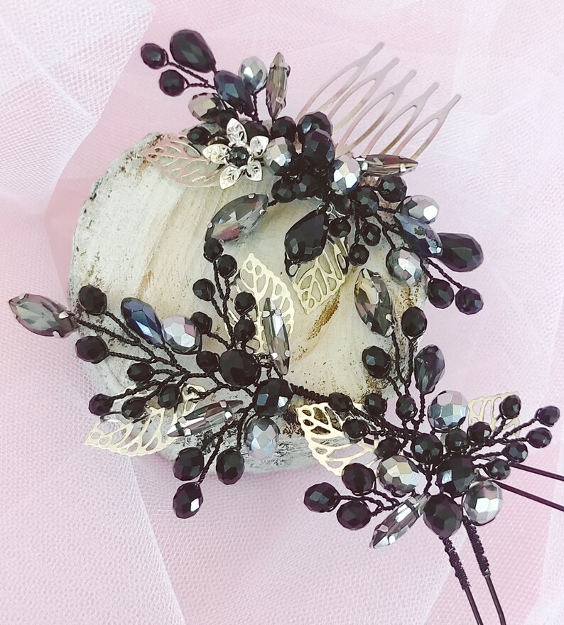 Set Hair Accessories/ Black Crystal Hair Comb / Hair Etsy