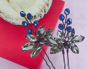 Hair Pins for woman/Crystal hair pins/Crystal headpiece/ Black blue hair clip
