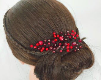 Red hair accessories / Hair vine / Crystal red hair vine / Red side headpiece for hair / Crystal hair clip /Bridal hair piece