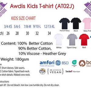 The image is a children's t-shirt chart from the LESS THAN 500 character limit. It displays various sizes and colors of t-shirts, along with their corresponding chest measurements and fabric content.