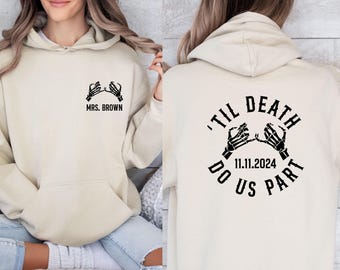 Sweat à capuche gothique pour mariage, Jusqu'à ce que la mort nous sépare, Sweat à capuche humoristique pour couples, Sweat à capuche main de squelette, Sweat à capuche personnalisé pour couples, Sweat à capuche Monsieur et Madame