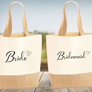 Bride Jute Bag, Bridesmaid Tote Bag, Bridal Party Gift, Hen Party Bag, Bride Squad Tote, Wedding Tote Bag, Honeymoon Bag, Just Married Bag