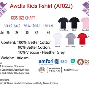 The image is a children's t-shirt chart from the LESS THAN 500 character limit. It displays various sizes and colors of t-shirts, along with their corresponding chest measurements and fabric content.