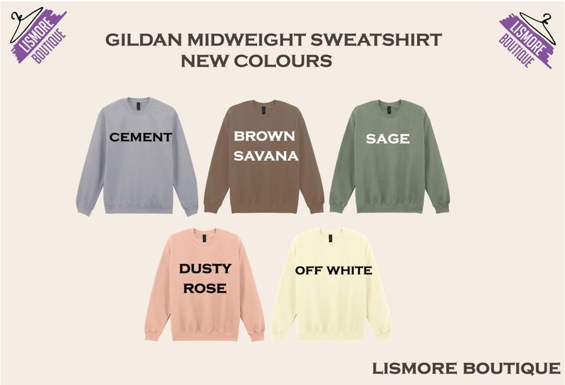 a collection of five different colored GILDA MIDWEIGHT SWEATSHIRTS, each with a unique color and design.