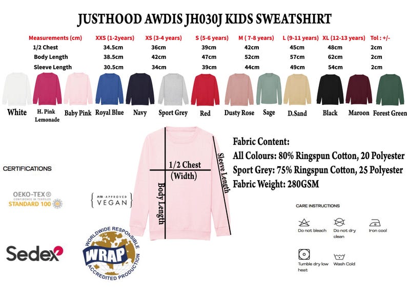 The image is a detailed size chart for a Justhood Awdis J03J Kids Sweatshirt, including measurements for chest, body length, sleeve length, and more. It also displays a variety of colors and styles available in the collection, along with fabric content information. The chart is accompanied by certification symbols and care instructions, as well as logos for Sedex and Wrap.