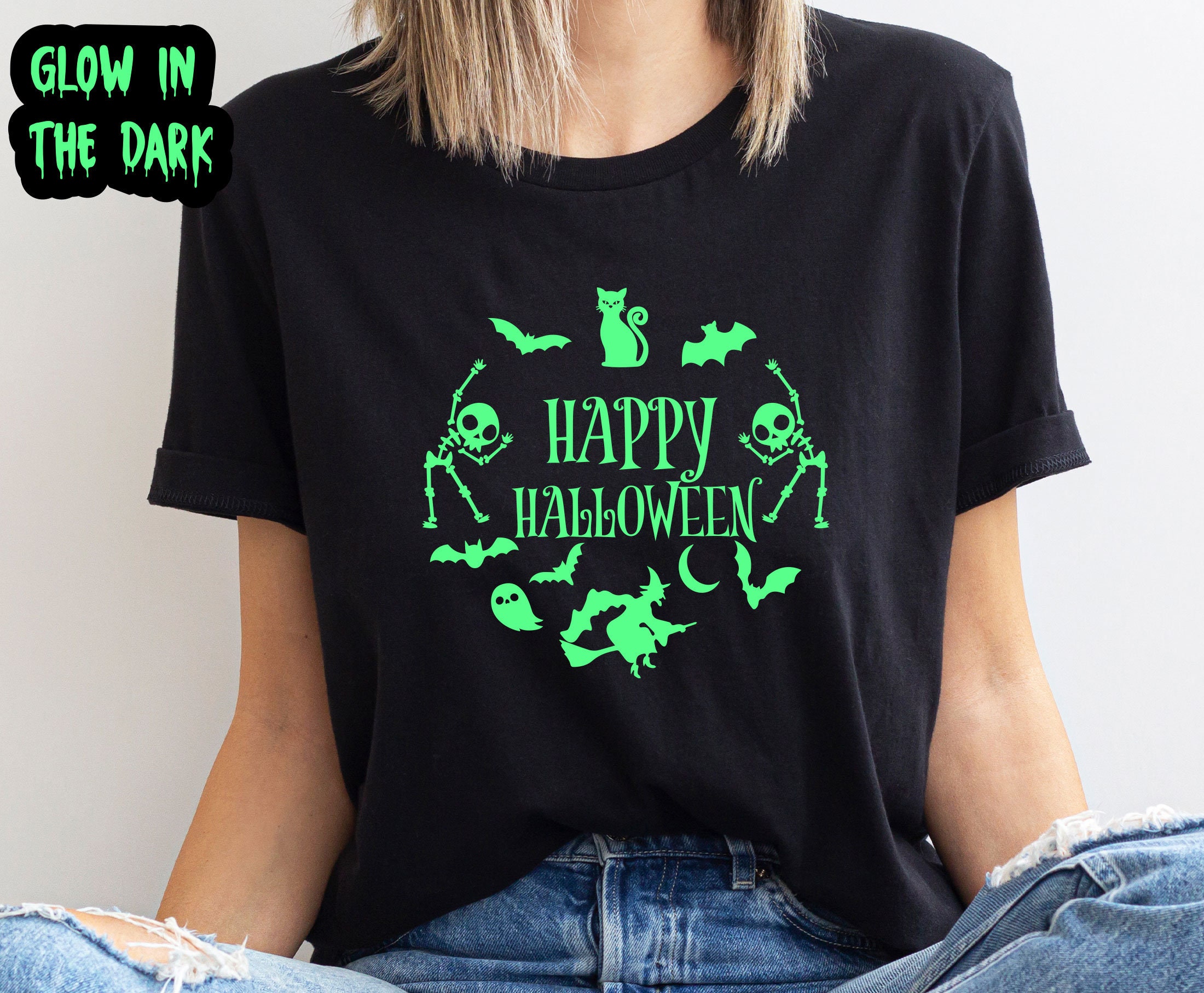 Scary Face Halloween T-Shirt Dark Green Glow Neon Shine-T-Shirt – Managatee