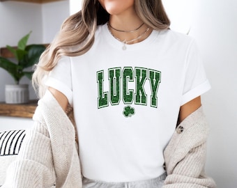 Lucky T shirt, St Patricks Day Gifts, Glitter Print, Lucky Charm Shirt, Shamrock T-shirt, Womens St Patrick Day Tee, Irish Shamrock Tee