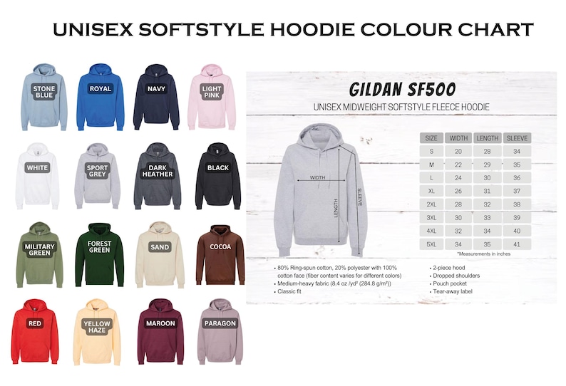 a picture of a hoodie with different colors and sizes