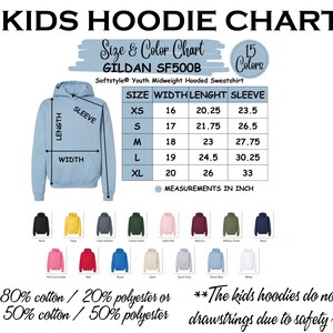 a kid's hoodie chart with different colors and sizes