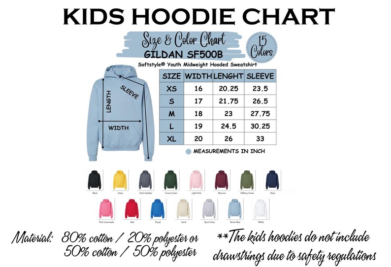 a kid's hoodie chart with different colors and sizes
