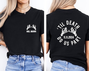 Chemise de mariage gothique, Til Death Do Us Part, Chemise couple rigolote, Chemise squelette à main, Chemise couple personnalisée, T-shirt personnalisé, T-shirt M. et Mme
