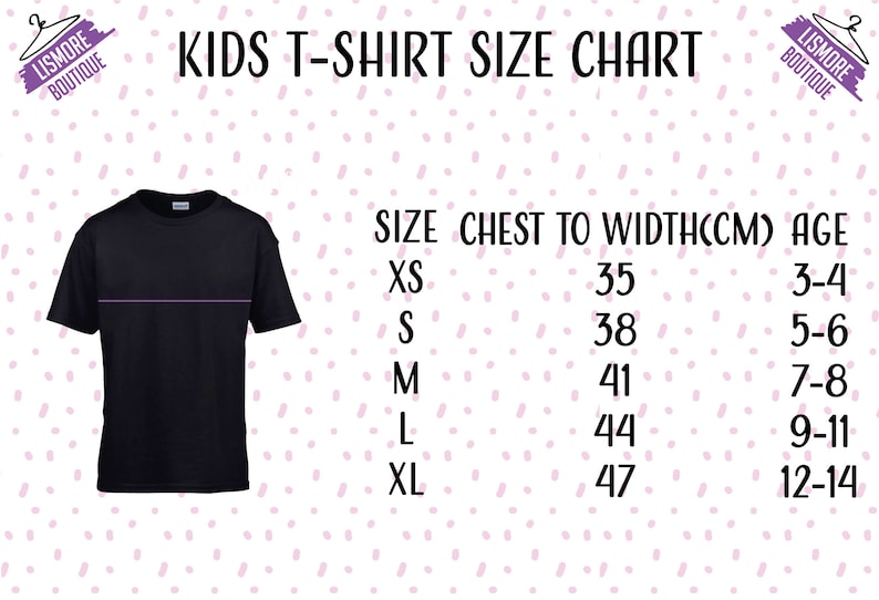 Peut inclure: Un t-shirt noir pour enfants avec une ligne horizontale violette, pr&eacute;sent&eacute; avec un tableau des tailles. Le tableau comprend les tailles XS &agrave; XL, les mesures de la poitrine en cm et les tranches d'&acirc;ge de 3-4 &agrave; 12-14 ans.