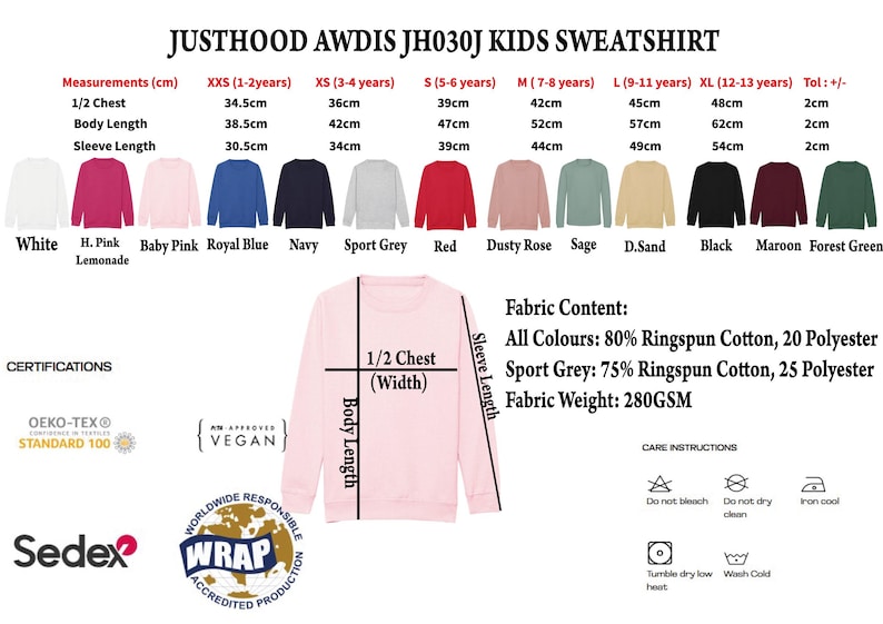 The image is a detailed size chart for a Justhood Awdis J03J Kids Sweatshirt, including measurements for chest, body length, sleeve length, and more. It also displays a variety of colors and styles available in the collection, along with fabric content information. The chart is accompanied by certification symbols and care instructions, as well as logos for Sedex and Wrap.