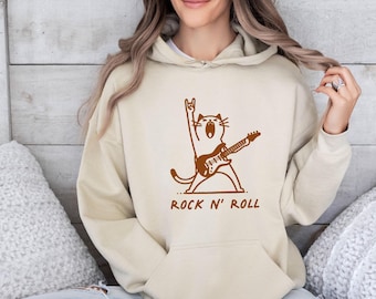 Rock and Roll Hoodie, Rock n Roll Hoodie, Rockn Roll Hoodie, Funny Cat Hoodie, Cat Lovers Gift, Music Lover Gift, Rock Concert Pullover