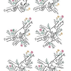 May include: A repeating pattern of hands holding hands, with the word "Mummy" and "Name" in script. Floral accents in pink, yellow, and green surround the hands. The design is on a white background.