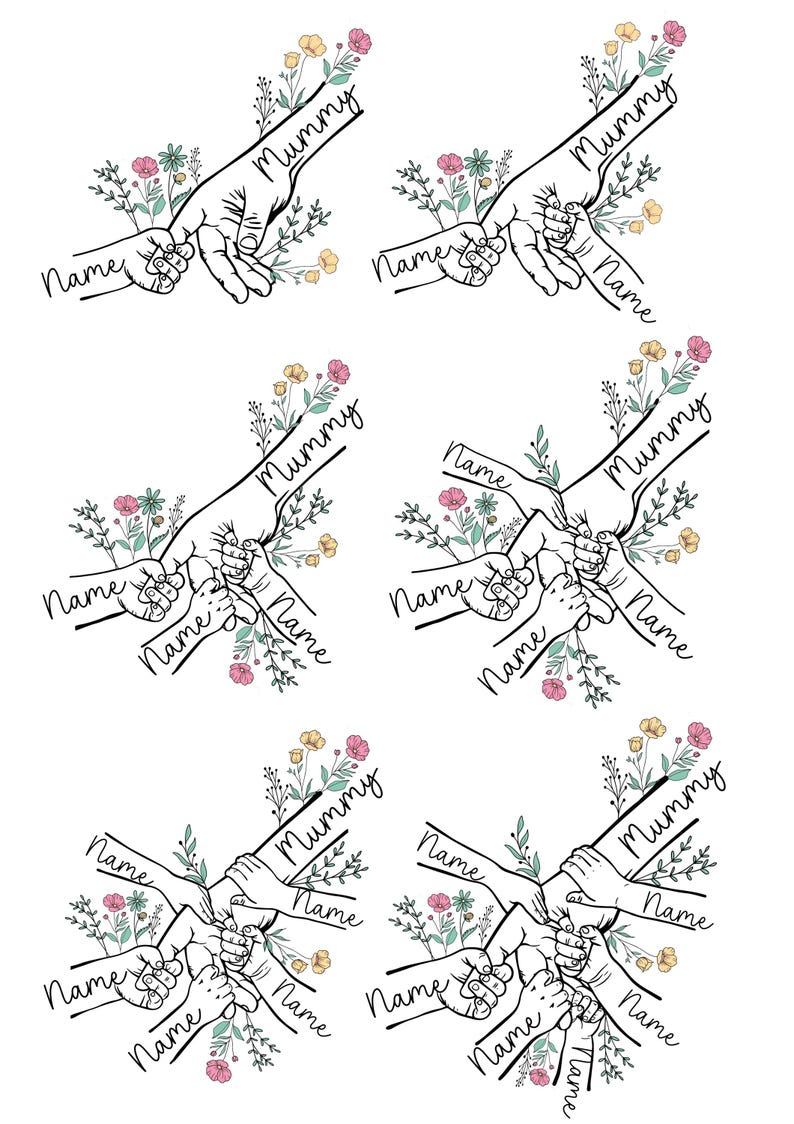 May include: A repeating pattern of hands holding hands, with the word "Mummy" and "Name" in script. Floral accents in pink, yellow, and green surround the hands. The design is on a white background.