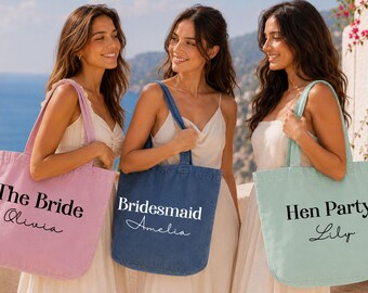 Hen Party Garment Dyed Bag, Custom Bride Tote Bag, Bridesmaid Gifts, Wedding Party Bag, Bridal Party Bags, Bachelorette Gift