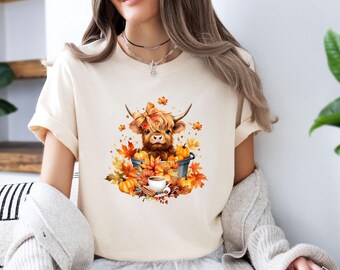 Fall Cow T-shirt, Highland Cow Tshirt, Country T shirt, Thanksgiving Tee, Cow Print Shirt, Cow Lover Gift, Cow Lovers Gift, Highland Cow Tee