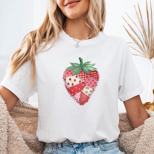 Strawberry T-shirt, Faux Patchwork, Strawberry Lovers Gift, Spring Fruit Tee, Cottagecore Tshirt