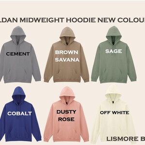 six different midweight hoodies in various colors, including gray, brown, green, blue, pink, and off-white.