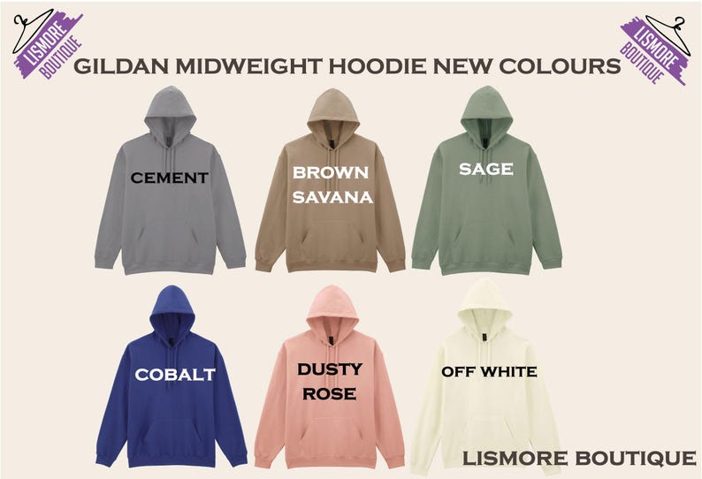 six different midweight hoodies in various colors, including gray, brown, green, blue, pink, and off-white.