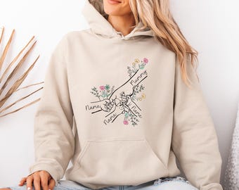 Personalised Mothers Day Hoodie, Up To 6 Kids Names, Holding Hands Pullover, Floral Mama Hoodie, Flowers Grandma