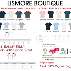 May include: Image showcasing various organic t-shirts from Lismore Boutique. The image displays t-shirts in multiple colors, including pink, navy, and khaki. The text includes product codes, sizing charts, and fabric details. The shirts are made of 100% organic ringspun cotton.