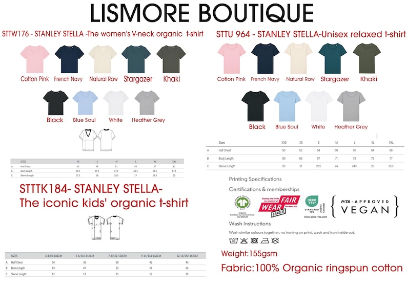 May include: Image showcasing various organic t-shirts from Lismore Boutique. The image displays t-shirts in multiple colors, including pink, navy, and khaki. The text includes product codes, sizing charts, and fabric details. The shirts are made of 100% organic ringspun cotton.