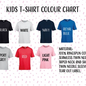 Peut inclure: Tableau des couleurs de t-shirts pour enfants, pr&eacute;sentant des t-shirts noirs, blancs, marine, bleu roi, gris sport, rouges et rose clair. Le mat&eacute;riau est 100% coton ringspun. D&eacute;tails sur le col, les manches et l'ourlet.