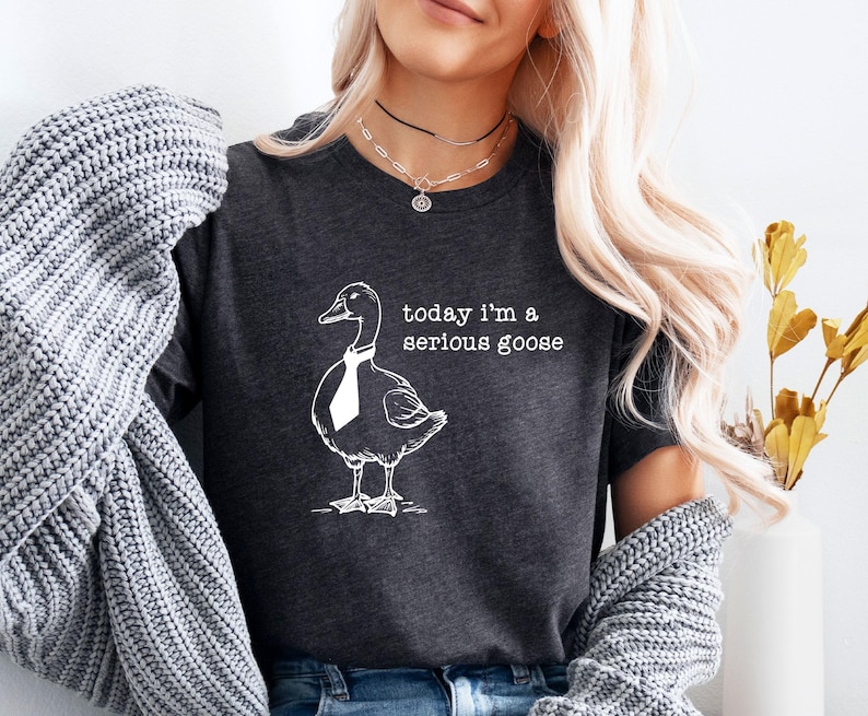 Pu&ograve; includere: Una maglietta grigio scuro con un'illustrazione bianca di un'oca con una cravatta. Il testo "today i'm a serious goose" &egrave; stampato sulla maglietta.