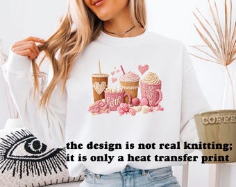 Faux Yarn Valentines Sweatshirt, Valentine Coffee Gift, Valentines Day Sweater, Love Valentine Jumper, Faux Knit Hot Cocoa, Coffee Lover Top