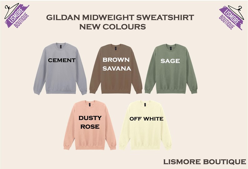 a collection of five different colored GILDA MIDWEIGHT SWEATSHIRTS, each with a unique color and design.