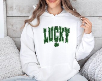 Lucky Hoodie, St Patricks Day Gifts, Glitter Print Hoodie, Lucky Charm Hoodie, Shamrock Hoodie, Womens St Patrick Day, Irish Shamrock Hoodie
