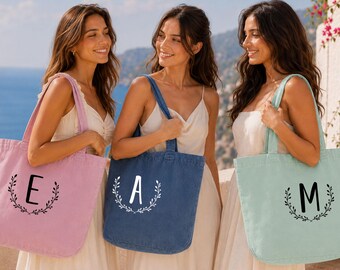 Custom Garment Dyed Bag, Initial Tote Bag, Hen Do Party Gift, Bridesmaid Totes, Personalised Beach Party Bag