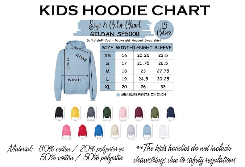 a kid's hoodie chart with different colors and sizes