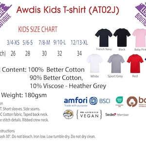 The image is a children's t-shirt chart from the LESS THAN 500 character limit. It displays various sizes and colors of t-shirts, along with their corresponding chest measurements and fabric content.