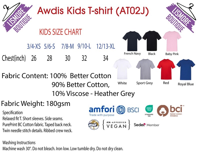 The image is a children's t-shirt chart from the LESS THAN 500 character limit. It displays various sizes and colors of t-shirts, along with their corresponding chest measurements and fabric content.