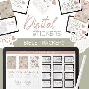 May include: Digital stickers for Bible trackers. The stickers feature a variety of designs, including floral patterns, hearts, and the words "Bible study" and "Bible journal".